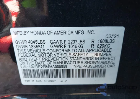 2021 Acura Ilx Premium A-Spec Packages/Technology A-Spec Packages from USA, damaged, VIN 19UDE2F84MA005859